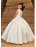 Beaded Neck Ivory Lace Box Pleated Satin Flower Girl Dress